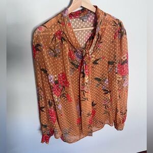 Anthology Rust Floral Tie Neck Blouse Sheer Long Sleeve Work Top